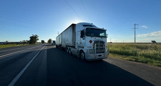 A line of freight lorries on a motorway at dusk